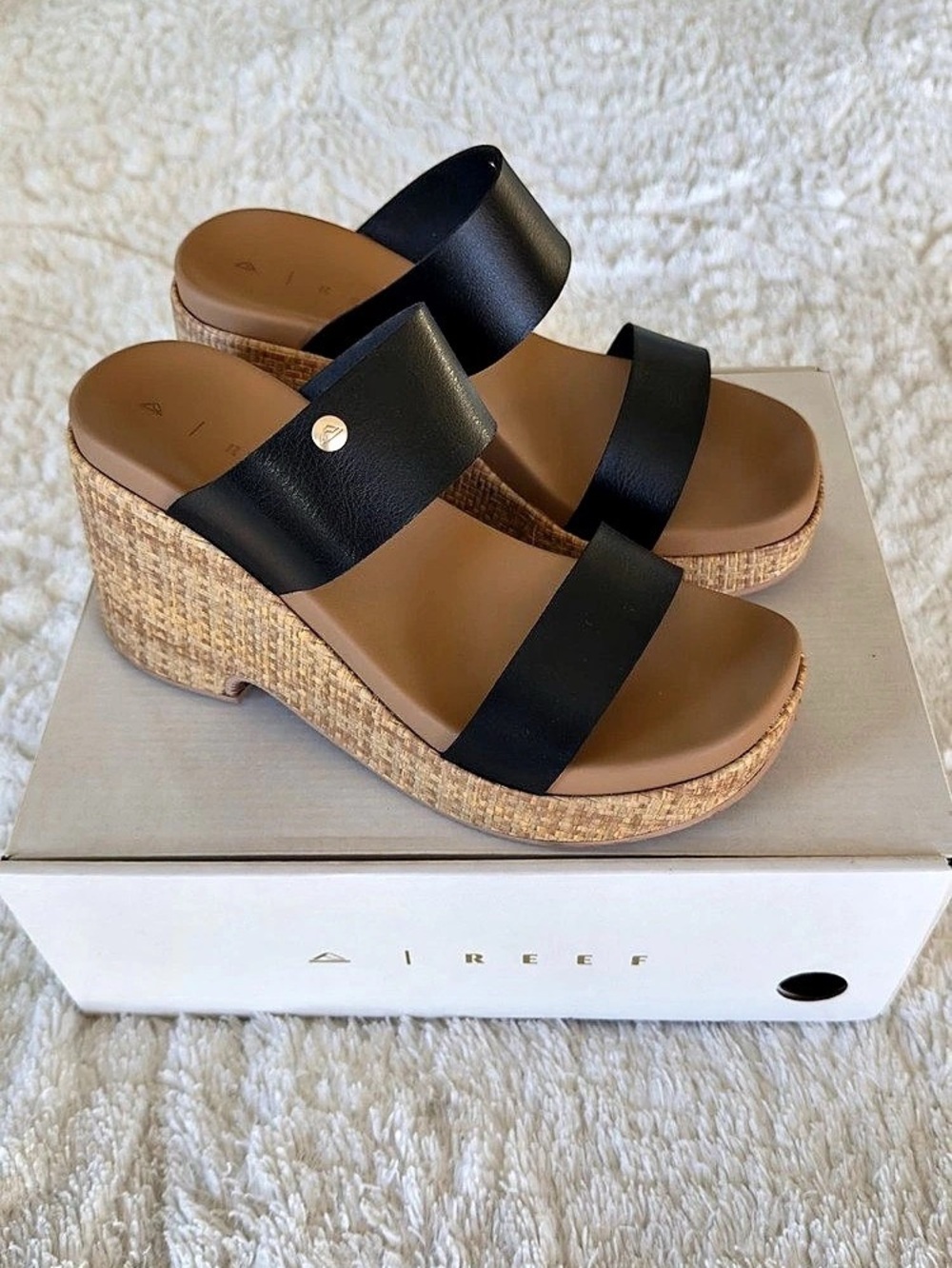 Reef Sunset Ibiza Black Leather Wedge Sandals US 8.5 Like New
